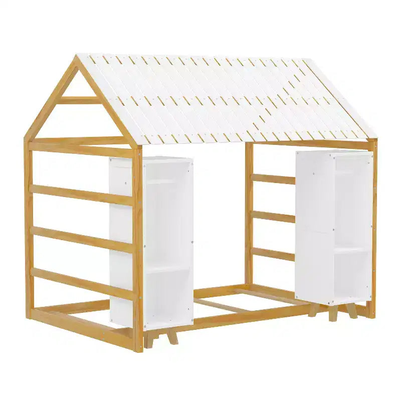 Twin Size Montessori Floor Bed with Safety Fence for Kids, Wooden Playhouse Bed Frame with Roof and Storage Shelves