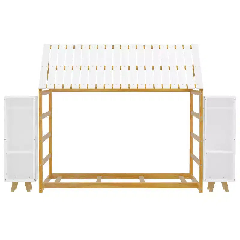 Twin Size Montessori Floor Bed with Safety Fence for Kids, Wooden Playhouse Bed Frame with Roof and Storage Shelves