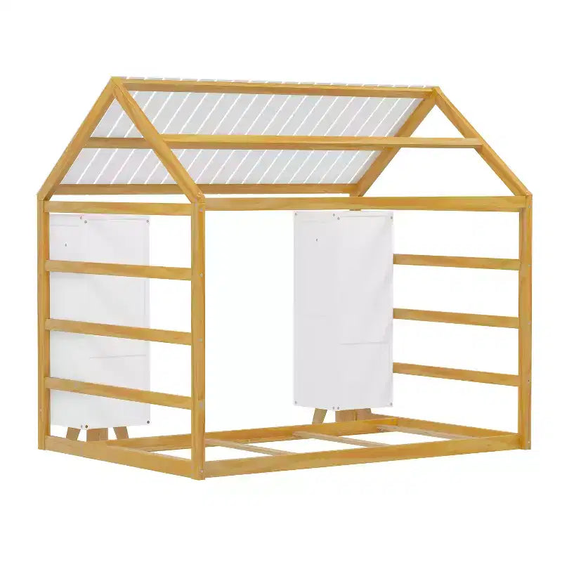 Twin Size Montessori Floor Bed with Safety Fence for Kids, Wooden Playhouse Bed Frame with Roof and Storage Shelves