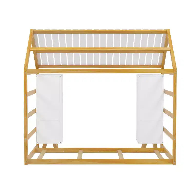 Twin Size Montessori Floor Bed with Safety Fence for Kids, Wooden Playhouse Bed Frame with Roof and Storage Shelves