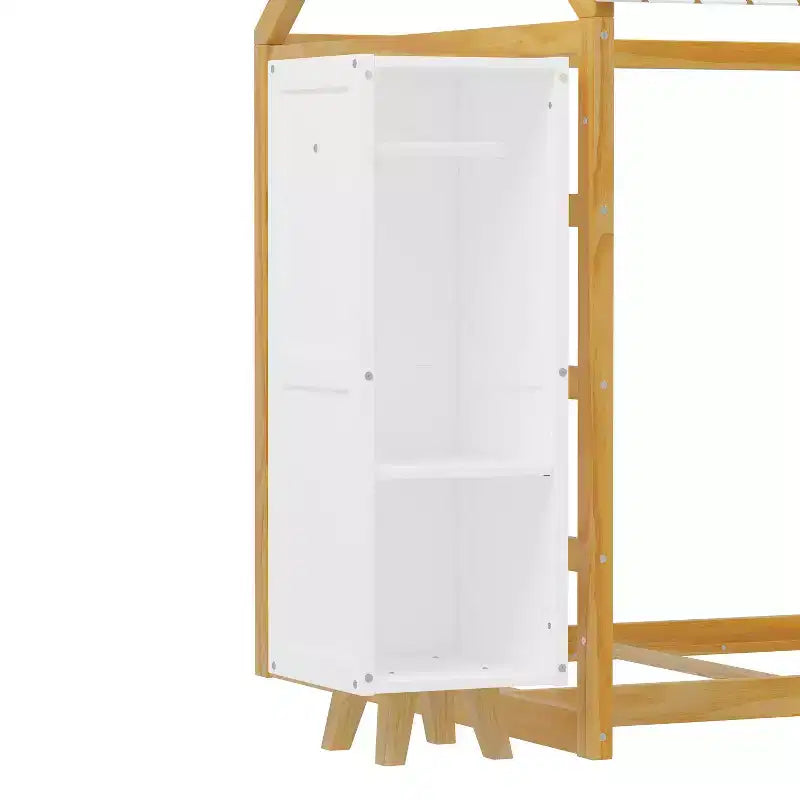 Twin Size Montessori Floor Bed with Safety Fence for Kids, Wooden Playhouse Bed Frame with Roof and Storage Shelves