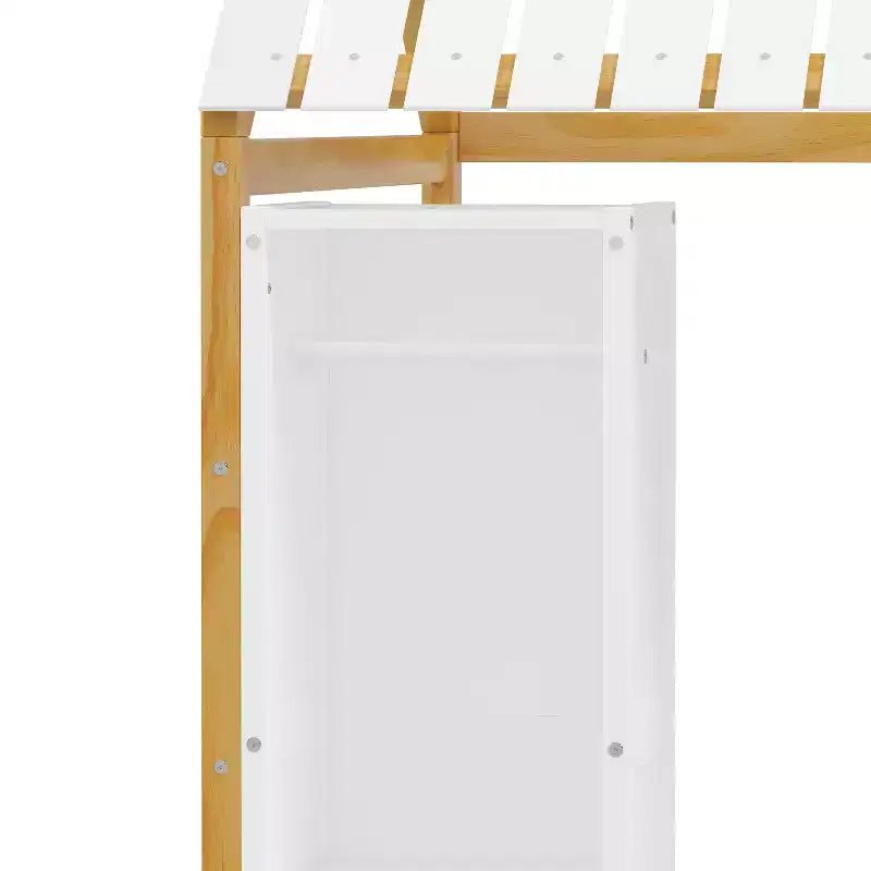 Twin Size Montessori Floor Bed with Safety Fence for Kids, Wooden Playhouse Bed Frame with Roof and Storage Shelves