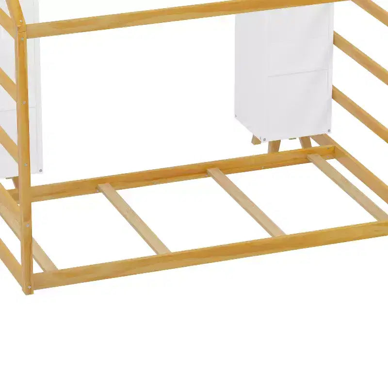 Twin Size Montessori Floor Bed with Safety Fence for Kids, Wooden Playhouse Bed Frame with Roof and Storage Shelves