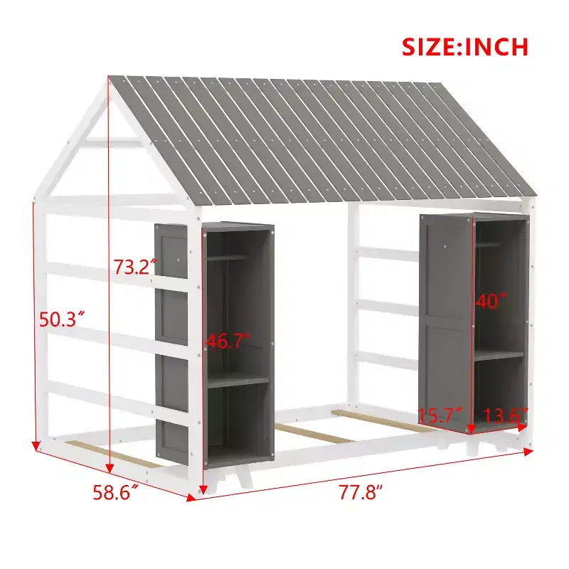 Twin Size Montessori Floor Bed with Safety Fence for Kids, Wooden Playhouse Bed Frame with Roof and Storage Shelves