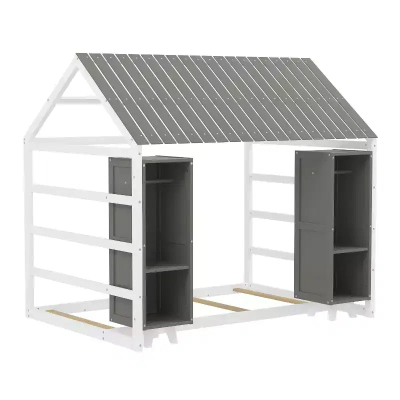 Twin Size Montessori Floor Bed with Safety Fence for Kids, Wooden Playhouse Bed Frame with Roof and Storage Shelves