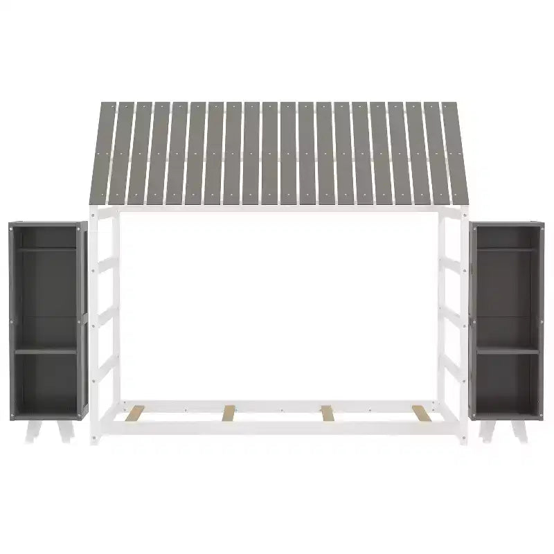 Twin Size Montessori Floor Bed with Safety Fence for Kids, Wooden Playhouse Bed Frame with Roof and Storage Shelves