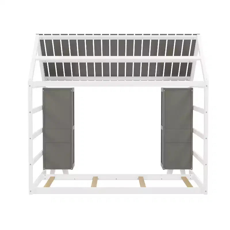 Twin Size Montessori Floor Bed with Safety Fence for Kids, Wooden Playhouse Bed Frame with Roof and Storage Shelves