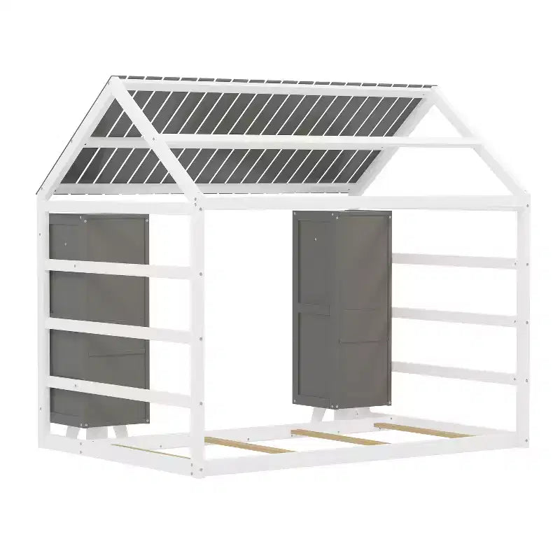 Twin Size Montessori Floor Bed with Safety Fence for Kids, Wooden Playhouse Bed Frame with Roof and Storage Shelves