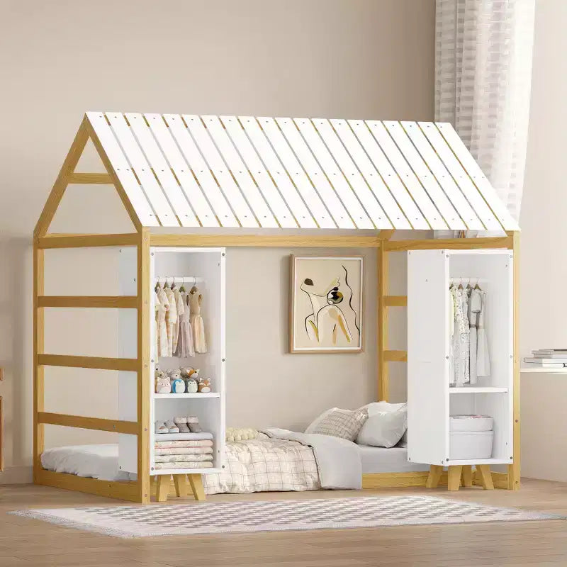 Twin Size Montessori Floor Bed with Safety Fence for Kids, Wooden Playhouse Bed Frame with Roof and Storage Shelves