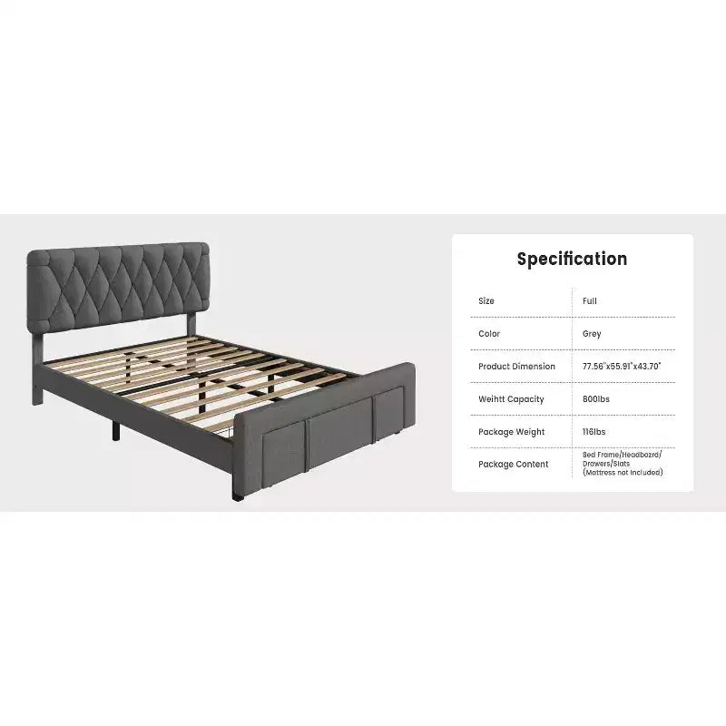 Bed frame, modern upholstered bed frame with tufted headboard and storage drawers - heavy-duty wooden slats, no box spring required, easy assembly
