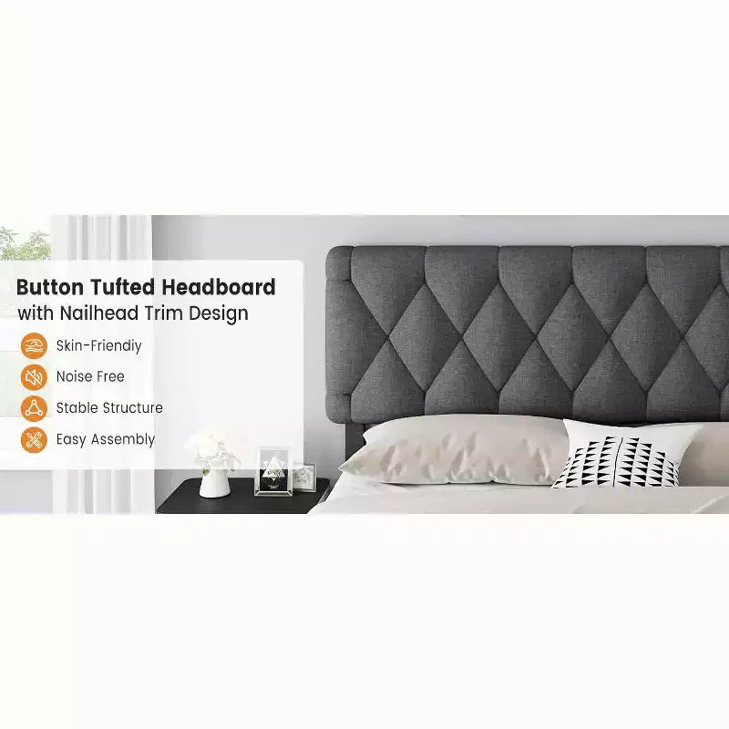 Bed frame, modern upholstered bed frame with tufted headboard and storage drawers - heavy-duty wooden slats, no box spring required, easy assembly