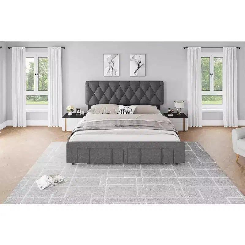Bed frame, modern upholstered bed frame with tufted headboard and storage drawers - heavy-duty wooden slats, no box spring required, easy assembly
