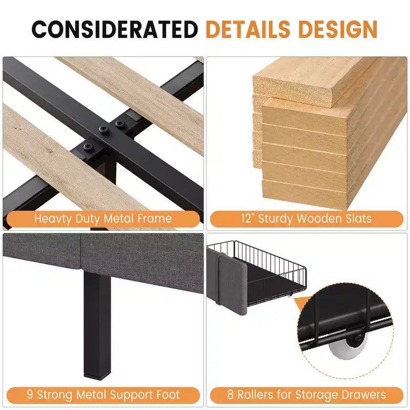 Bed frame, modern upholstered bed frame with tufted headboard and storage drawers - heavy-duty wooden slats, no box spring required, easy assembly