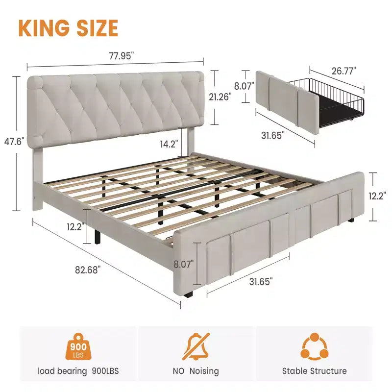 Bed frame, modern upholstered bed frame with tufted headboard and storage drawers - heavy-duty wooden slats, no box spring required, easy assembly