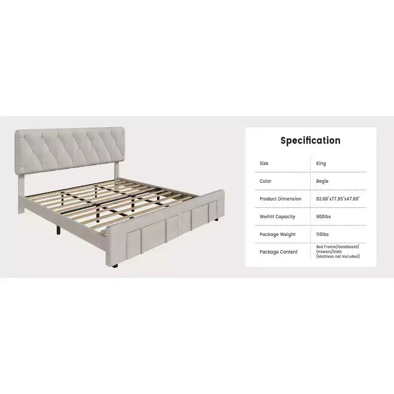 Bed frame, modern upholstered bed frame with tufted headboard and storage drawers - heavy-duty wooden slats, no box spring required, easy assembly