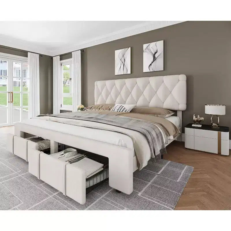 Bed frame, modern upholstered bed frame with tufted headboard and storage drawers - heavy-duty wooden slats, no box spring required, easy assembly
