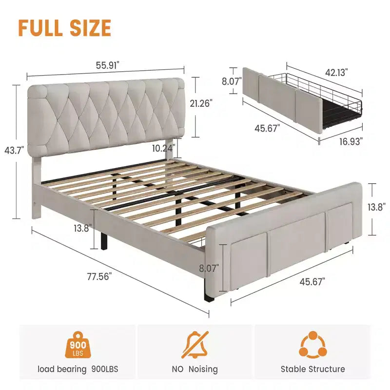 Bed frame, modern upholstered bed frame with tufted headboard and storage drawers - heavy-duty wooden slats, no box spring required, easy assembly