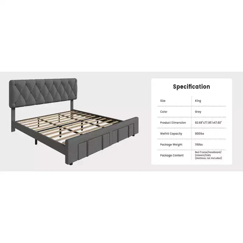 Bed frame, modern upholstered bed frame with tufted headboard and storage drawers - heavy-duty wooden slats, no box spring required, easy assembly
