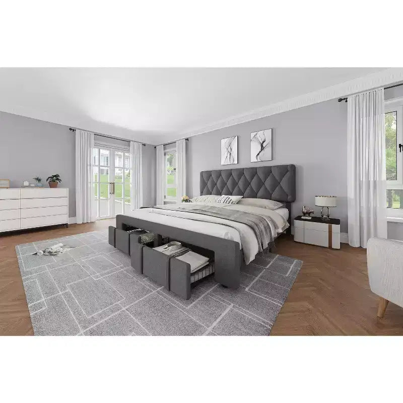 Bed frame, modern upholstered bed frame with tufted headboard and storage drawers - heavy-duty wooden slats, no box spring required, easy assembly