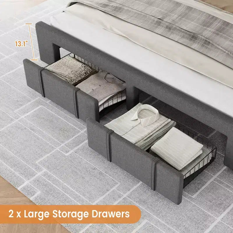 Bed frame, modern upholstered bed frame with tufted headboard and storage drawers - heavy-duty wooden slats, no box spring required, easy assembly