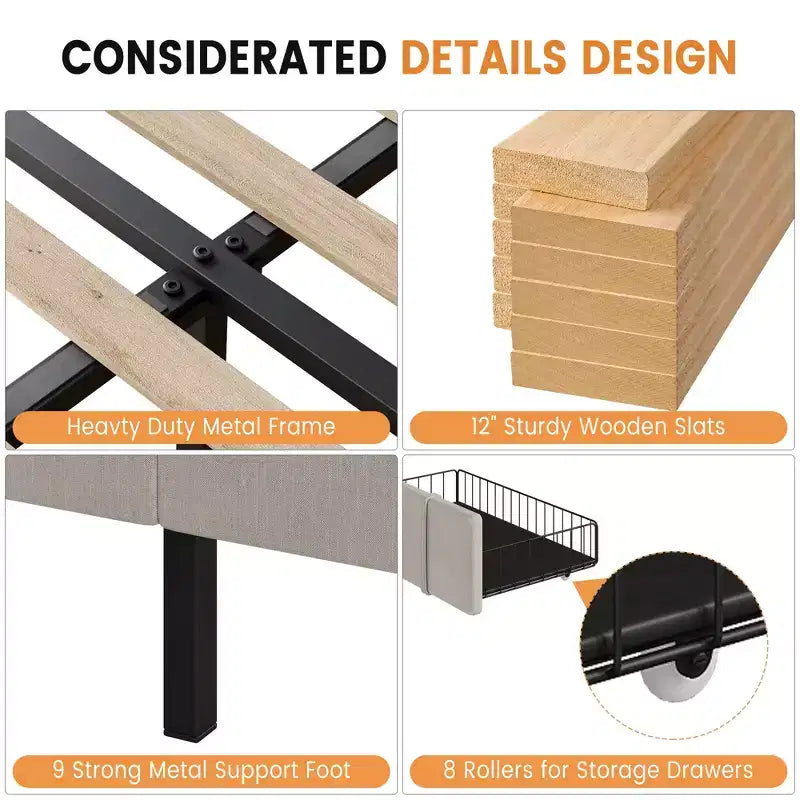 Bed frame, modern upholstered bed frame with tufted headboard and storage drawers - heavy-duty wooden slats, no box spring required, easy assembly