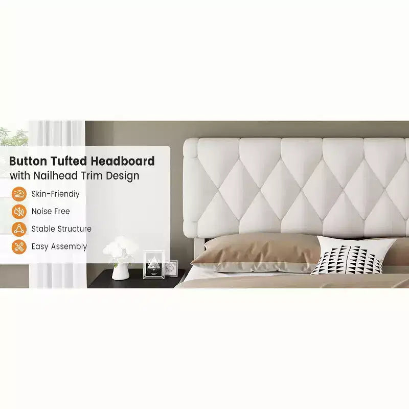 Bed frame, modern upholstered bed frame with tufted headboard and storage drawers - heavy-duty wooden slats, no box spring required, easy assembly