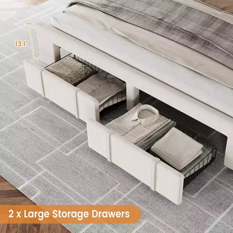 Bed frame, modern upholstered bed frame with tufted headboard and storage drawers - heavy-duty wooden slats, no box spring required, easy assembly