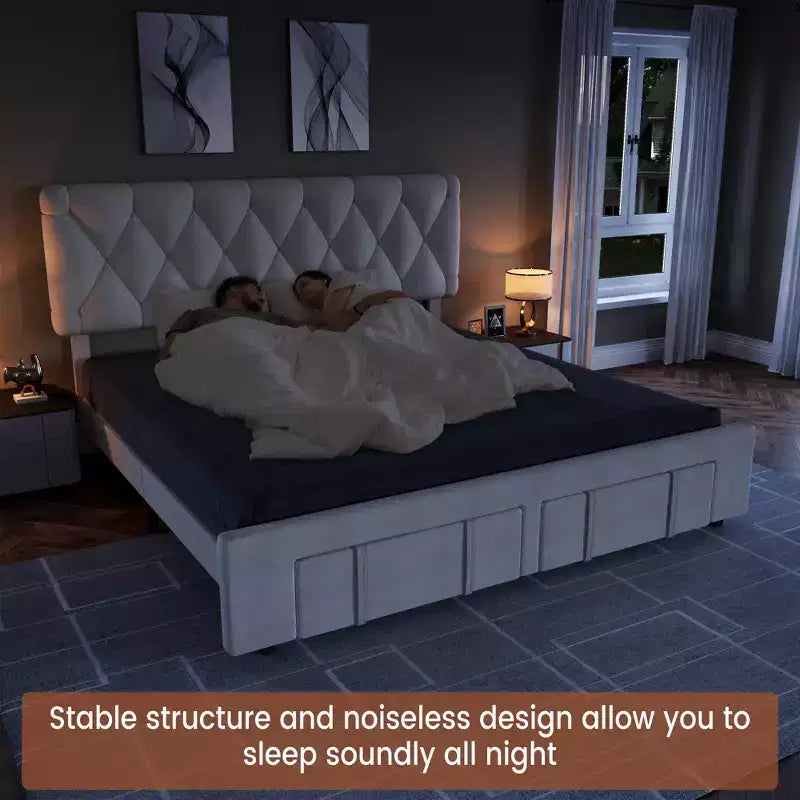 Bed frame, modern upholstered bed frame with tufted headboard and storage drawers - heavy-duty wooden slats, no box spring required, easy assembly