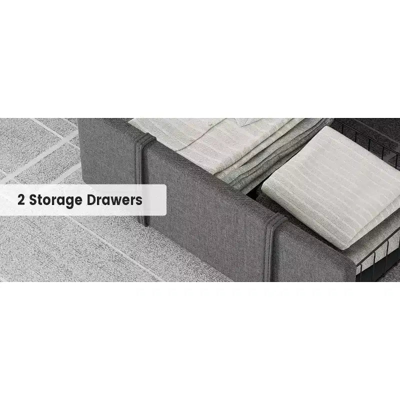 Bed frame, modern upholstered bed frame with tufted headboard and storage drawers - heavy-duty wooden slats, no box spring required, easy assembly