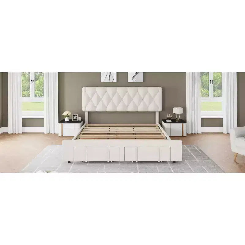 Bed frame, modern upholstered bed frame with tufted headboard and storage drawers - heavy-duty wooden slats, no box spring required, easy assembly