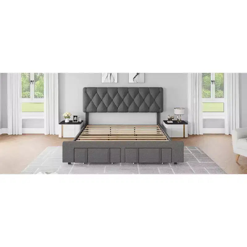 Bed frame, modern upholstered bed frame with tufted headboard and storage drawers - heavy-duty wooden slats, no box spring required, easy assembly