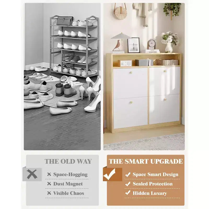 Shoe Storage Cabinet with 4 Flip Drawers, Freestanding Concealed Shoe Rack with Open Shelf, for Hallway, Living Room, Apartments