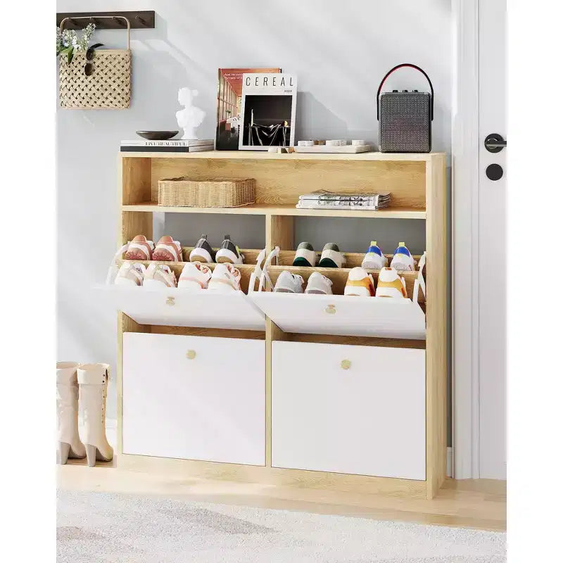 Shoe Storage Cabinet with 4 Flip Drawers, Freestanding Concealed Shoe Rack with Open Shelf, for Hallway, Living Room, Apartments