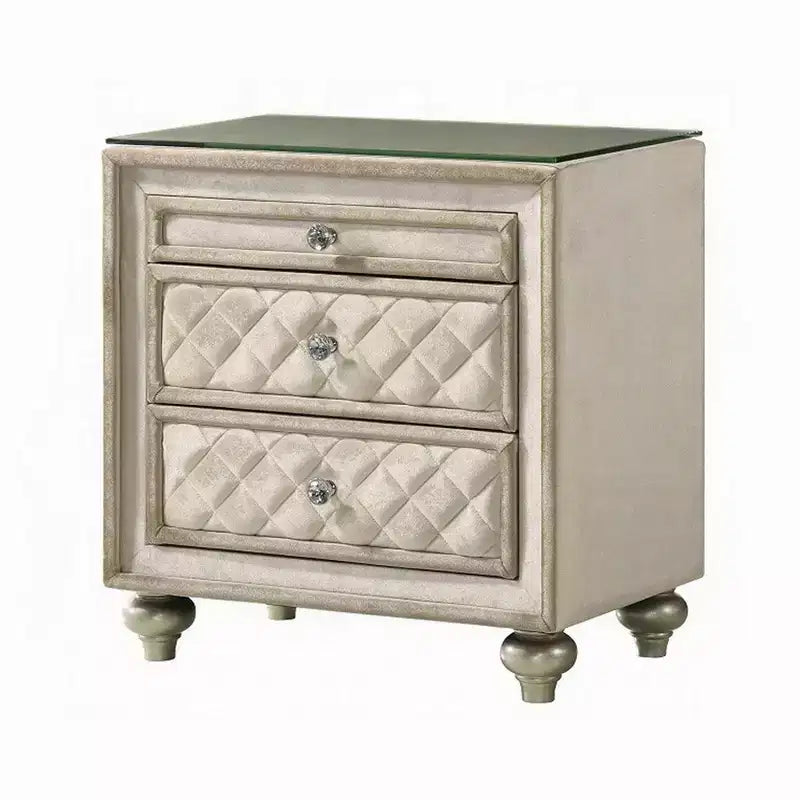 Nightstand, 2 Drawers, Pull Out Tray, 27 Inch Wood, Beige Velvet