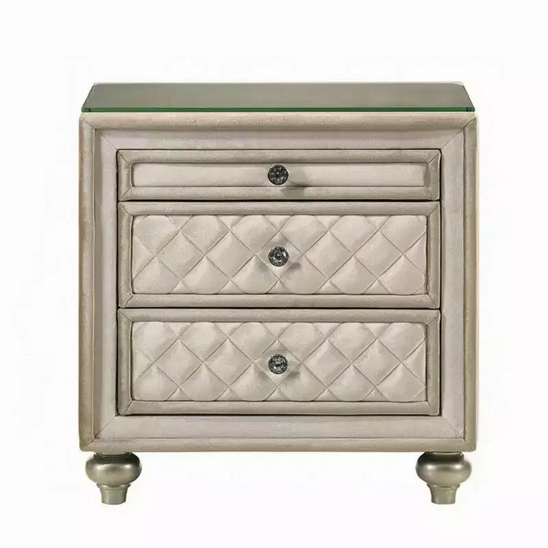 Nightstand, 2 Drawers, Pull Out Tray, 27 Inch Wood, Beige Velvet