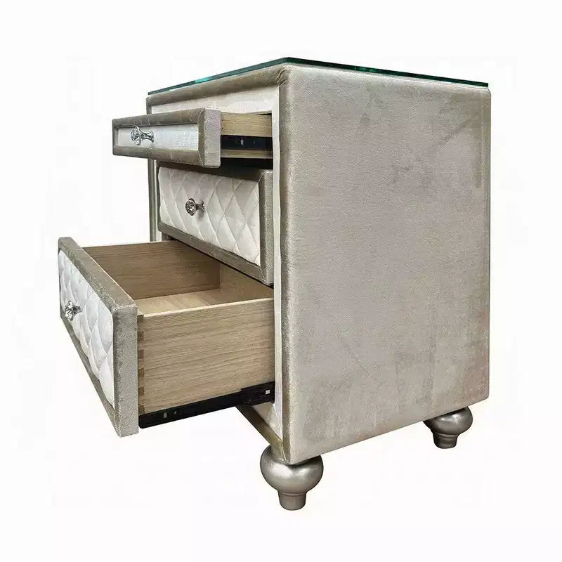 Nightstand, 2 Drawers, Pull Out Tray, 27 Inch Wood, Beige Velvet