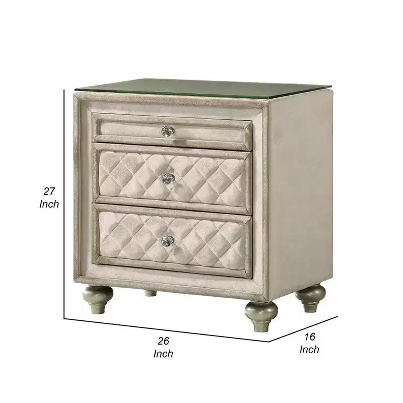 Nightstand, 2 Drawers, Pull Out Tray, 27 Inch Wood, Beige Velvet