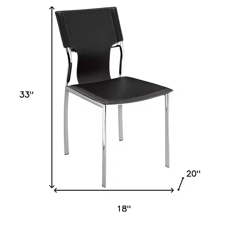 Set of Four Black and Silver Metal and Leather Partially Open Back Dining Side Chairs