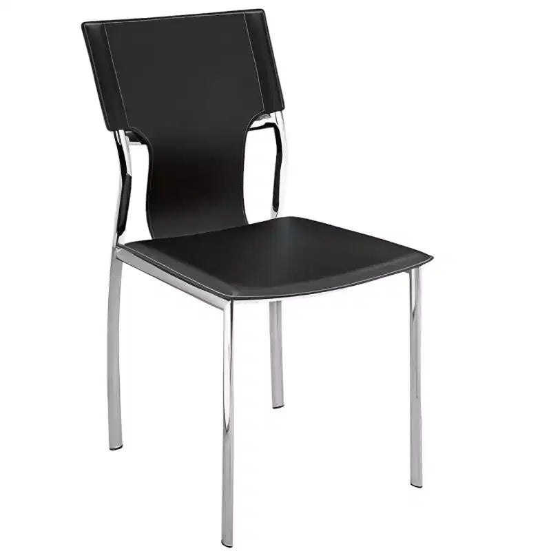 Set of Four Black and Silver Metal and Leather Partially Open Back Dining Side Chairs