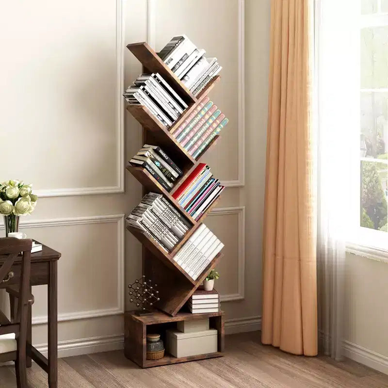 8-Tier Tree-Shaped Bookshelf Rustic-Style Open Shelving Unit Ideal for Living Rooms, Bedrooms, and Offices