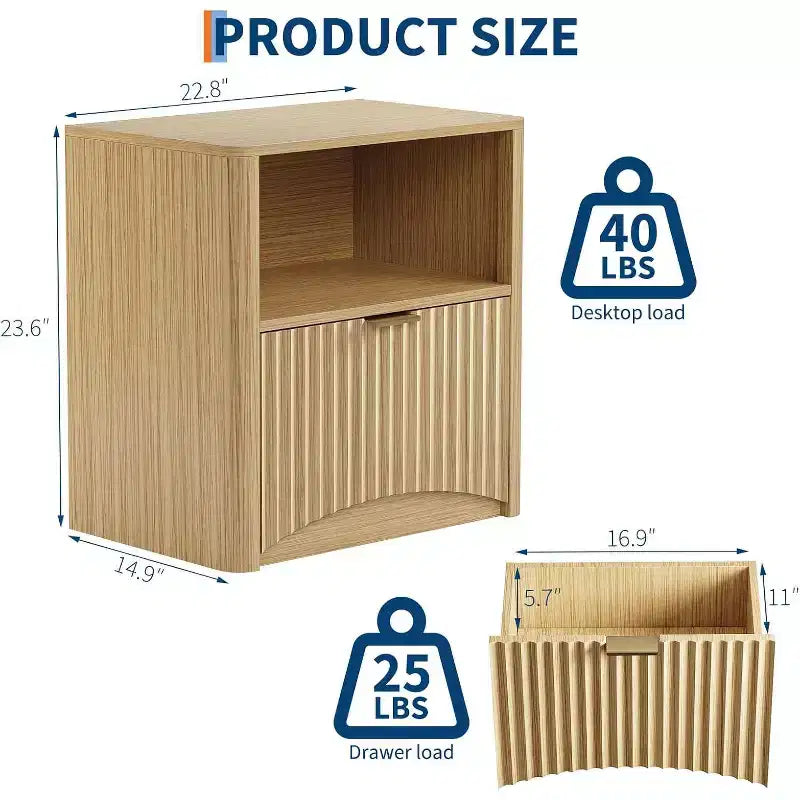 Mid Century Modern Nightstand,Set of 2, 22.8 Wide Fluted Nightstand with Drawer and Storage, Fluted Nightstand for Bedroom Sofa Office