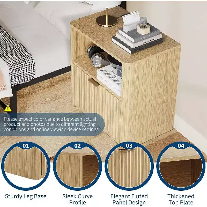 Mid Century Modern Nightstand,Set of 2, 22.8 Wide Fluted Nightstand with Drawer and Storage, Fluted Nightstand for Bedroom Sofa Office