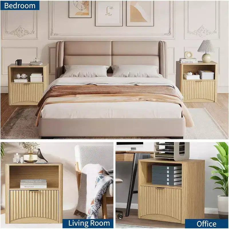 Mid Century Modern Nightstand,Set of 2, 22.8 Wide Fluted Nightstand with Drawer and Storage, Fluted Nightstand for Bedroom Sofa Office