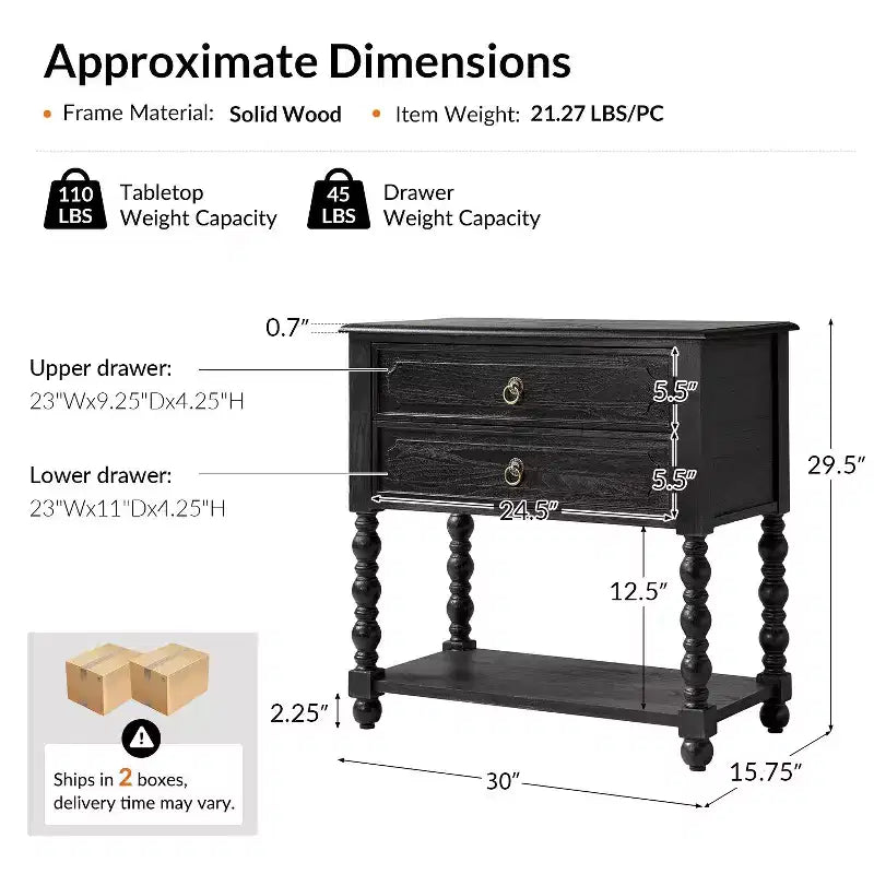 30 Tall 2-Drawer End Table with Built-in Charging Outlets Set of 2