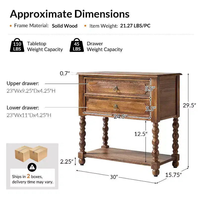 30 Tall 2-Drawer End Table with Built-in Charging Outlets Set of 2