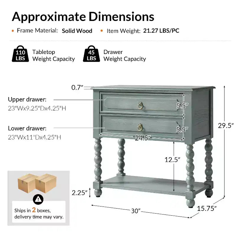 30 Tall 2-Drawer End Table with Built-in Charging Outlets Set of 2