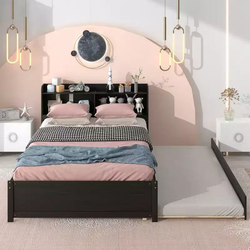 Full Size Storage Headboard Bed with Pull Out Trundle Solid Pine Wood Bed Frame