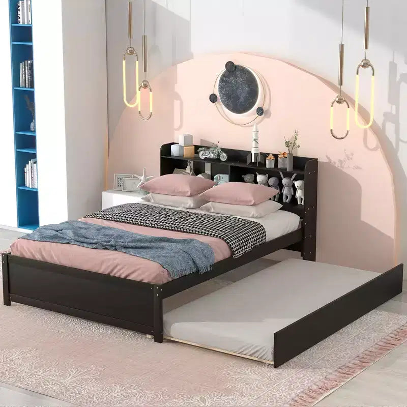 Full Size Storage Headboard Bed with Pull Out Trundle Solid Pine Wood Bed Frame