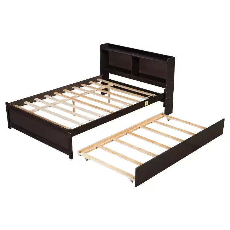 Full Size Storage Headboard Bed with Pull Out Trundle Solid Pine Wood Bed Frame