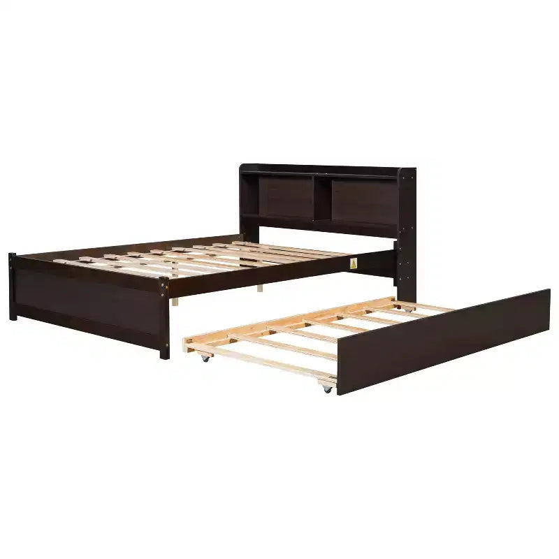 Full Size Storage Headboard Bed with Pull Out Trundle Solid Pine Wood Bed Frame